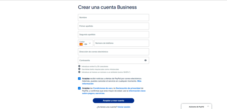 Crear una cuenta de Paypal Business para tiendas online. Datos de empresa